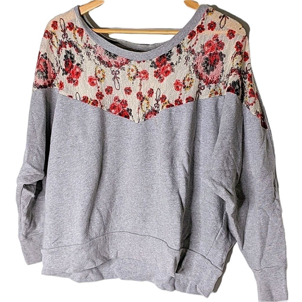 Free People Floral Lace Grey Cropped Sweatshirt size M